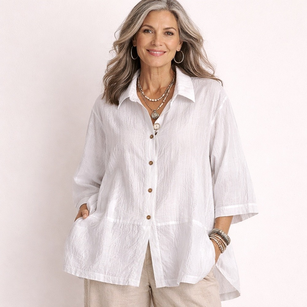 Itemz Chris Baumgartner White Crinkle Textured Button Front Blouse Lagenlook XL